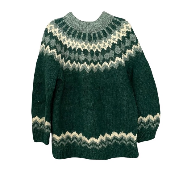 HAND KNIT Wool Fair Isle Nordic Chunky Knit Crew Neck Sweater Green White L - Picture 1 of 5